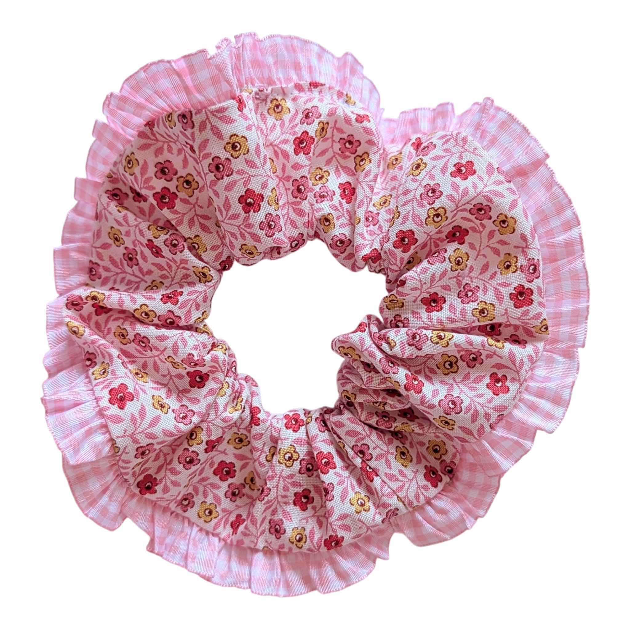 Yellow and pink floral frilly scrunchie